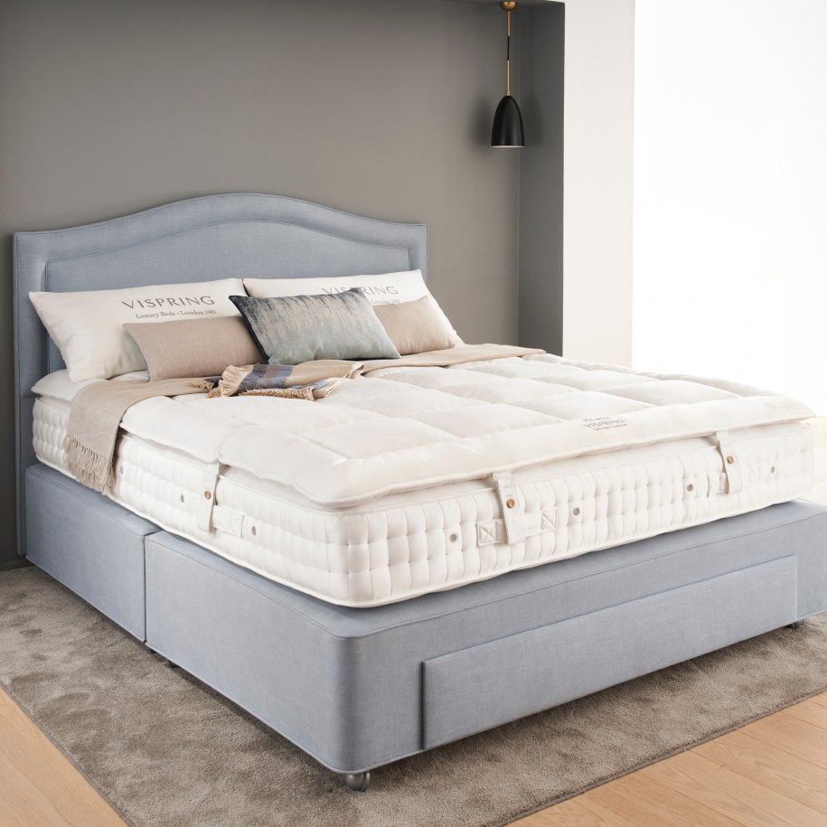 Vispring Pillowtop Topper on grey divan bed with Artemis headboard